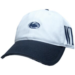 hat with white body, navy brim, and embroidered Penn State Athletic Logo